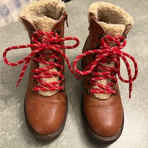 EUC Brown Leather Ankle Boots with Red Laces - Size 8